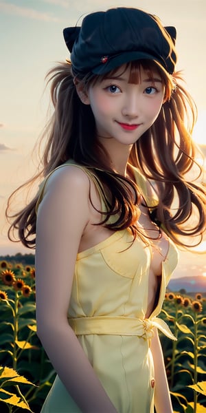 Masterpiece, highest quality, 1 girl, solo, 18 years old, beautiful korean girl, {beautiful and delicate eyes}, long hair, brown hair, flat bangs, big breasts, calm expression, natural soft light, delicate facial features , seductive human face, smiling eyes, open lips, looking at the viewer, normal body structure, correct proportions, perfect hands, (wearing a yellow dress and a sun hat:1.3),  seductive body shape, sweaty skin, film grain, cleavage exposed, real, (basking in the sunset in the grassy thicket:1.3),souryuuasukalangley,, sundress,long hair,bangs, blue eyes, brown hair,((holding sunflowers))