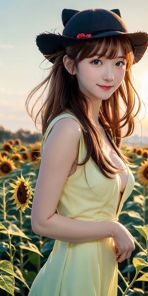 Masterpiece, highest quality, 1 girl, solo, 18 years old, beautiful korean girl, {beautiful and delicate eyes}, long hair, brown hair, flat bangs, calm expression, natural soft light, delicate facial features , seductive human face, smiling eyes, open lips, looking at the viewer, normal body structure, correct proportions, perfect hands, (wearing a yellow dress and a sun hat:1.3),  seductive body shape, sweaty skin, film grain, cleavage exposed, real, (basking in the sunset in the grassy thicket:1.3),souryuuasukalangley,sundress,long hair, blue eyes, brown hair,((holding sunflowers))