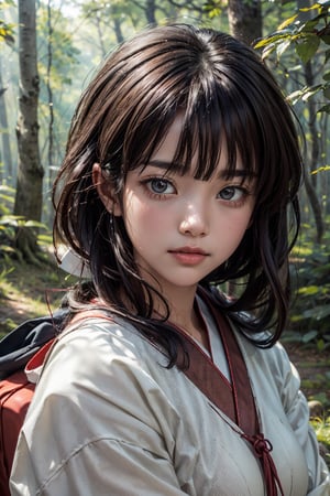 Kikyo, brown eyes, upper body, photorealistic, (hyperrealistic:1.2), perfect eyes, perfect face, perfect lighting, outdoors, warm colors, forest,