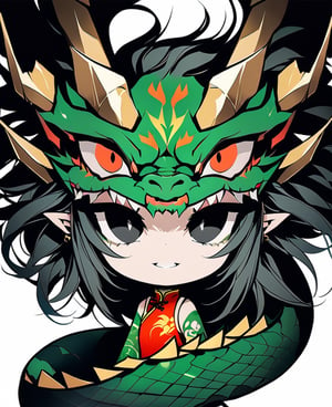 (best quality:1.3), Amazing, beautiful detailed eyes,green color, sharp focus, highly detailed, rich colors, vibrant colors,Chibi green Chinese dragon with golden horns, Chinese dragon head, 
Red and gold cheongsam vest, black eyes ,tatoo_style,illustration,graphite_art,((looking into camera)),((white_background)),simple_background,chinese dragon,flat_vector_art,DonM3l3m3nt4lXL,Don't curl up,dragonbaby,nodf_lora,dragonink,dragon,shards