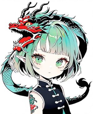 (best quality:1.3), Amazing, beautiful detailed eyes,green color, sharp focus, highly detailed, rich colors, vibrant colors,Chibi green Chinese dragon with golden horns, Chinese dragon head, 
Red and gold cheongsam vest, black eyes ,tatoo_style,illustration,graphite_art,((looking into camera)),((white_background)),simple_background,chinese dragon,flat_vector_art,DonM3l3m3nt4lXL,Don't curl up,dragonbaby,nodf_lora,dragonink,dragon,shards