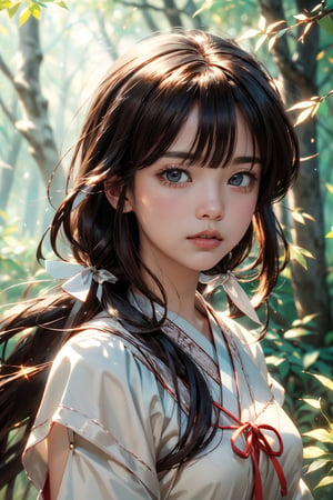 Kikyo, brown eyes, upper body, photorealistic, (hyperrealistic:1.2), perfect eyes, perfect face, perfect lighting, outdoors, warm colors, forest,perfect,1 girl
