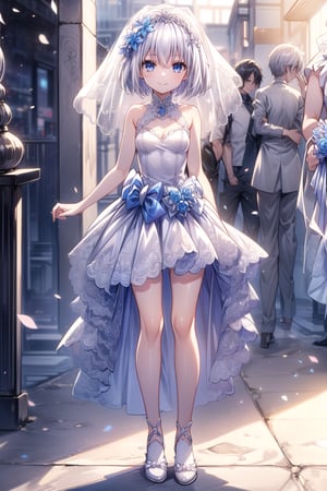 very detailed, masterpiece, best quality, 1girl,origami tobichi, blue eyes, alone, standing, white hair, short hair, bangs, hair between the eyes ,Princess style wedding dress all white ,bridal veil ,looking at the viewer, smiling, small breasts, defined body, full body looking at the viewer, in tokyo, day, bright sunshine