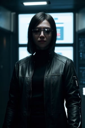 woman, glasses with chrome lenses, without eyes, no eyes, futuristic, cyberpunk, extremely detailed texture, ultra-realistic, cinematic lighting, photorealistic, cinematographic, atmosphere of suspicion, terror scene, ultra realistic, extremely detailed