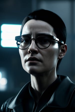 woman, glasses with chrome lenses, without eyes, no eyes, futuristic, cyberpunk, extremely detailed texture, ultra-realistic, cinematic lighting, photorealistic, cinematographic, atmosphere of suspicion, terror scene, ultra realistic, extremely detailed