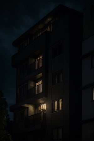 Movie scene captured on the street, focused on a house, perfect framing, night scene, cinematographic scene, atmosphere of suspicion, ultra realistic, ultra realistic textures, ultra detailed, ultra sharp textures, cinematic noise, one window with the light on