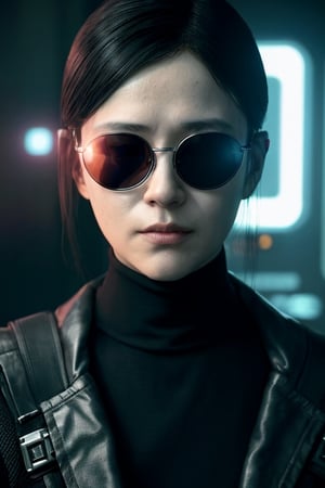 woman, glasses with chrome lenses, without eyes, no eyes, futuristic, cyberpunk, extremely detailed texture, ultra-realistic, cinematic lighting, photorealistic, cinematographic, atmosphere of suspicion, terror scene, ultra realistic, extremely detailed