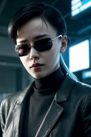 woman, futuristic glasses with chrome lenses, without eyes, no eyes, futuristic, cyberpunk, cyberpunk face, extremely detailed texture, ultra-realistic, cinematic lighting, photorealistic, cinematographic, atmosphere of suspicion, terror scene, ultra realistic, extremely detailed