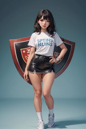 1 woman, 13-15 years old, sports t-shirt with blue and white vertical stripes, on the upper left part of the chest a small shield that has "lima alliance" written on it, black miniskirt, full length, simple blue background, blush, top quality, masterpiece, (facing viewer), full body, arms along body, bright purple eyes, wavy black hair, bangs, full lips, red lips, lip biting