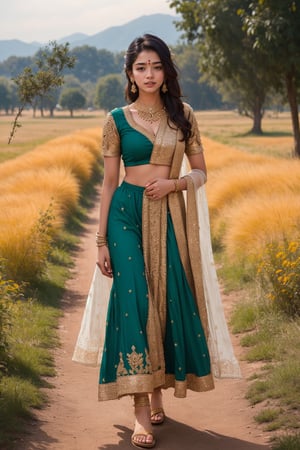 lovely  cute  young  attractive  indian  teenage  girl  in beautiful foreign dress,  23  years  old  ,  cute  ,  an  Instagram  model  ,  long  blonde_hair  ,  colorful  hair   , walking in green field „  Indian 