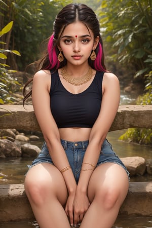 lovely  cute  young  attractive  indian  teenage  girl  in  a  grey   top  ,  23  years  old  ,  cute  ,  an  Instagram  model  ,  long  blonde_hair  ,  colorful  hair   ,  sitting  on the bridge with great scene.  ,  „  Indian 