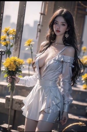 1girl, solo, long hair,light curly hair, huge breasts:1.3, looking at viewer, skirt, brown hair, shirt, long sleeves, cleavage, brown eyes, jewelry, standing, collarbone, flower, earrings, parted lips, off shoulder, lips, white skirt, blouse, pastel sky background, yellow shirt, yellow flower, purple theme. , (((a lewd and sexy face))), ultra hd, photo, full_body.  soft lighting, Cinematic, (Surrealism: 1.2), (8K UHD: 1.2), (Photorealism: 1.2), Shot with medium format camera, Professional camera, Perfectly Delicate and Rich in Detail, (masterpiece, top quality, best quality, official art, beautiful and aesthetic:1.2), (((1girl))), dynamic pose, extreme detailed
,1 girl,fellajob,Anigame 