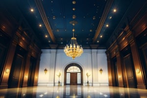 a huge hotel.  Its structure is made of white marble that even reflects a mirror.  the sun shines above it.  In front is a huge mahogany door with gold details.  In the lobby there is a huge diamond fountain in the shape of the sun and the moon.  The ceiling is black, resembling the starry night sky.