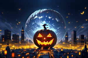Halloween City, big pumpkin head (size of building, center of the city, Anime, smiling), people dancing(detailed faces), masterpiece, witch flying around the pumpkin (perfect face).