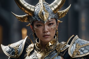 Scene movie super close-up, focus on face and armor, a high fantasy character in armor with a horn set, in the style of unreal engine 5, guo pei, strong facial expression, dark silver and gold, cinematic sets, bryan hitch, demonic photograph --ar 91:51 --v 5 --s 750 ,extremely detailed