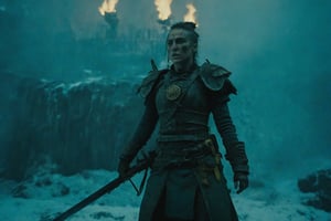 Cinematic Fullbody Shot, Female Warrior holding weapon, earthy naturalism, teal and yellow, frostpunk, interior scenes, cinestill 50d --ar 21:9 --style raw, cinematic style,Movie Still,More Reasonable Details,Movie Aesthetic,Film_Grain