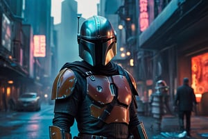 Scene movie close-up, focus in the armor, cinematic still of the Mandalorian stands in front a cyberpunk city, dramatic pose, very expressive, in the style of robotic german expressionism, Pascal Blanche, Olivier Ledroit, hyperealistic, he is looking into the camera, very detailed hands, stylised pose, photographic portrait, a colorized photo by Moriyama Daido, sci-fi, space opera, bold colors, award winning, epic composition, İnsanely detailed and intricate, elegant, velvia 100, --s 500 --ar 4:3 --chaos 9 --uplight --s 250 --v 5