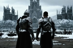 two men standing in front of a snow covered city full of armor, in the style of darkly comedic, dark silver, dark silver and gray, grey academia, gray --s 150 --c 10 --ar 16:9 --v 5.2 --q 2,cinematic style,Movie Still,More Reasonable Details,Movie Aesthetic