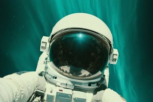 wide angle minimalist photo of an astronaut in a white spacesuit, mirror in space, nebula, in a style of movie still, euphoria, teal grey and warm, muted tones:: mars, oecan, teal grey and warm, muted tones --ar 21:9 --w 1, cinematic style,Movie Still,More Reasonable Details,Movie Aesthetic,Film_Grain