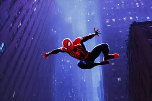 Action Scene of Spiderman still Spider-man: Across the Spider-Verse, 2D animation cartoon, Miles Morales as Spiderman in Dynamic action fighting enemies in New York, inspired by images from the movie super heroic scene --ar 16:9 --v 5.1, cinematic style,Movie Still,More Reasonable Details,Movie Aesthetic,Film_Grain