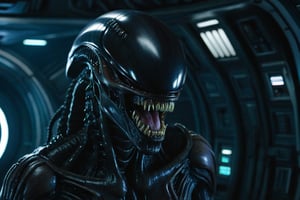 A close-up scene from a movie, a rabid Xenomorph, its black and lustrous skin manages to reflect the cold colors of the ship, expansive background of the interior of a spaceship, cold and metallic colors, science fiction, cinematic, movie, 8k, dark, aptured by Nkon F6, 200mm film