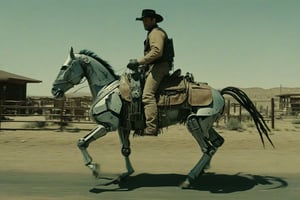 A cyber-enhanced cowboy in the 'Cybernetic Wild West', with robotic limbs and high-tech gear, riding a mechanical horse through a futuristic frontier town, in steel grey and desert tan --style raw --ar 3:2 --v 6.0, cinematic style,Movie Still,More Reasonable Details,Movie Aesthetic,Film_Grain