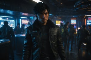 bounty hunter with black hair and a synthetic jacket, in a space station bar trying to avoid a fight with a competing bounty hunter, crowded rowdy rundown bar, medium close-up, in the style of the anime cowboy bebop, ultra HD, Unreal Engine 5, realistic, anime style, cyberpunk 2077 --ar 5:3 --style expressive --niji 5 --v 5.1