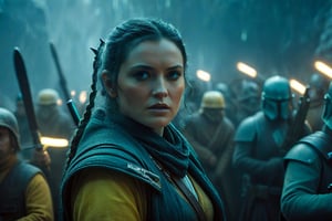 closeup shot of raising a blade, detailed face, star wars warfare, cinematic contour lighting, in the style of detailed crowd scenes, earthy naturalism, teal and yellow, frostpunk, interior scenes, cinestill 50d --ar 21:9 —style raw