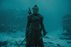 Cinematic Fullbody Shot, Female Warrior holding weapon, earthy naturalism, teal and yellow, frostpunk, interior scenes, cinestill 50d --ar 21:9 --style raw, cinematic style,Movie Still,More Reasonable Details,Movie Aesthetic,Film_Grain