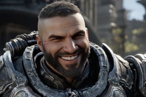 the character in gears of war 3 has a large grin and is wearing some armor, in the style of panasonic lumix s pro 50mm f/1.4, hyper-realistic animal illustrations, daz3d, frostpunk, close-up shots, playstation 5 screenshot, rendered in cinema4d --s 150 --c 10 --v 6.0 --ar 16:9 