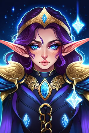 A highly detailed digital portrait of an elf character with striking bright blue eyes, intense gaze directed at the viewer, and a focused expression. Her face is illuminated by soft, diffused lighting coming from the front-left side, creating subtle highlights and shadows that accentuate her facial features. The character's skin has a smooth, pale complexion with subtle freckles and a faint blush on her cheeks. She has prominent eyebrows, thick eyelashes, and full lips slightly parted, revealing a hint of pink color inside. Her long, wavy dark hair flows down past her shoulders, partially covering her ears. She wears an intricate gold headpiece featuring a delicate chain with symmetrical designs, centered around a large diamond-shaped blue gemstone with a smaller teardrop pendant dangling below it. Small, glowing white particles are scattered across her face, particularly around her eyes and cheekbones, enhancing her ethereal appearance. Her pointed ears are slightly curved upwards at the tips, emphasizing her elfin nature. The character is dressed in black leather armor with high gold accents and metallic details, including a prominent golden shoulder pauldron adorned with a star-like design. A geometric gold necklace with a central blue gemstone is fastened at the neck, emitting a soft blue glow. The background is a gradient of deep midnight blue to lighter shades of blue and purple, creating a magical atmosphere. Tiny glowing particles or stars surround her, adding to the mystical feel of the scene. The overall mood is mysterious and otherworldly, enhanced by the cool color palette dominated by various shades of blue and purple, as well as the high contrast between the character's illuminated face and the darker surroundings.,telegram sticker