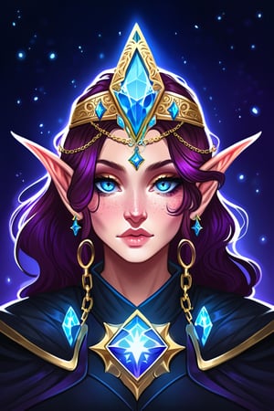 A highly detailed digital portrait of an elf character with striking bright blue eyes, intense gaze directed at the viewer, and a focused expression. Her face is illuminated by soft, diffused lighting coming from the front-left side, creating subtle highlights and shadows that accentuate her facial features. The character's skin has a smooth, pale complexion with subtle freckles and a faint blush on her cheeks. She has prominent eyebrows, thick eyelashes, and full lips slightly parted, revealing a hint of pink color inside. Her long, wavy dark hair flows down past her shoulders, partially covering her ears. She wears an intricate gold headpiece featuring a delicate chain with symmetrical designs, centered around a large diamond-shaped blue gemstone with a smaller teardrop pendant dangling below it. Small, glowing white particles are scattered across her face, particularly around her eyes and cheekbones, enhancing her ethereal appearance. Her pointed ears are slightly curved upwards at the tips, emphasizing her elfin nature. The character is dressed in black leather armor with high gold accents and metallic details, including a prominent golden shoulder pauldron adorned with a star-like design. A geometric gold necklace with a central blue gemstone is fastened at the neck, emitting a soft blue glow. The background is a gradient of deep midnight blue to lighter shades of blue and purple, creating a magical atmosphere. Tiny glowing particles or stars surround her, adding to the mystical feel of the scene. The overall mood is mysterious and otherworldly, enhanced by the cool color palette dominated by various shades of blue and purple, as well as the high contrast between the character's illuminated face and the darker surroundings.,telegram sticker