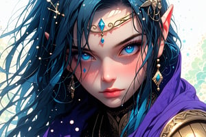 score_9_up, score_8_up, 1girl, solo,A highly detailed digital painting depicts an elf character with strikingly vivid, glowing blue eyes that dominate the composition. The eyes are wide open and intense, conveying a mystical and focused expression. The character's skin is pale with subtle blush on the cheeks and nose, contrasting beautifully against the cool tones of the background. She has pointed ears tinged with pink, indicating her elven nature. Her dark hair is long, wavy, and flowing, partially covering her ears and falling over her shoulders in loose waves. A delicate silver headpiece adorns her forehead, featuring intricate designs and small gems, with a prominent central pendant surrounded by smaller stones. The headpiece extends across her forehead and down to connect at the back of her head, forming a symmetrical pattern with a diamond-shaped centerpiece. White, dotted facial markings resembling constellation-like patterns grace her face, particularly around the eyes and cheekbones, adding to her ethereal appearance. Her eyebrows are thick and well-defined, framing the eyes perfectly. The character wears ornate black armor with gold accents, including intricate designs, symbols, and gemstones. The armor covers her shoulders and part of her chest, featuring elaborate engravings and a high collar embellished with geometric shapes, circular motifs, and a prominent cross-shaped design. Small blue crystals reflect light, enhancing its magical quality. The background consists of soft blue and purple gradients, creating a dreamy atmosphere with subtle sparkles and floating particles. These particles appear as small glowing embers or dust, emitting faint light and contributing to the otherworldly ambiance. The lighting is soft yet dramatic, highlighting the character's features while casting gentle shadows, emphasizing the texture of her skin and the reflective quality of her clothing. The overall mood is mysterious and enchanting, enhanced by the high contrast between the illuminated areas and the darker regions, as well as the balanced color palette dominated by cool blues and purples. The image's 3D rendering style enhances its fantasy theme, evoking a sense of awe and wonder in the viewer.
