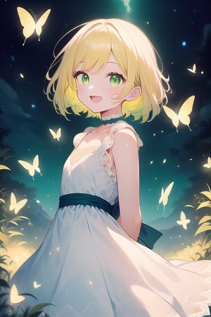 1girl, solo, looking at viewer, smile, short hair, open mouth, green eyes, clean face, yellow hair, dress, 
hands behind back, lolita-style lace dress, white dress, sleeveless, white choker with red gem, dark blue backgroud, shine butterflies, 