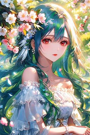 High detail, high quality, masterpiece, beautiful, red eyes, golden sclera, ears, white skin, (Long Hair, Emerald Hair Bob), colorfur corolla, (pure white off-the-shoulder dress with Lace edges), Calm Gaze, Small and Slender 1 Young Lady, Woman, Girl, Cherry Blossom Blooming Background, Sunny Days, feather Fluttering