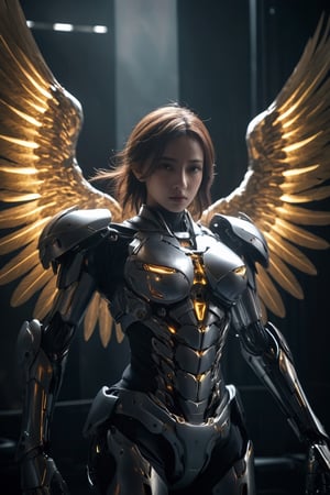  Award-winning work, beautiful angel, light through angel wings, facing the lens, strong light and dark contrast, dramatic lighting, dark tone photos, movie tone, horror atmosphere, high definition, 8k, Sony movie machine shooting,dark, HUBG_Mecha_Armor