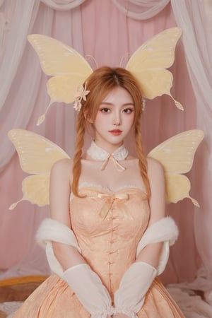 Best quality, solo, butterfly\(hubggirl)\, butterfly wings, antennae, neck fur, Peach hair, yellow eyes, dressed in peach and yellow tones, Lolita, two pairs of peach wings