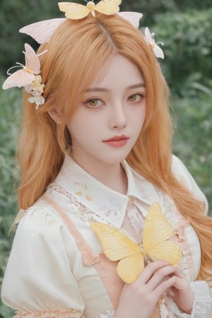 Best quality, solo, butterfly\(hubggirl)\, Peach hair, yellow eyes, dressed in peach and yellow tones, Lolita, two pairs of peach wings