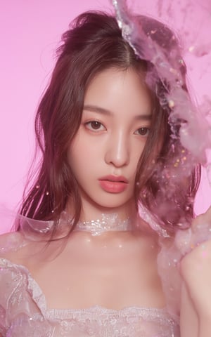 A photorealistic portrait of the stunning Huggirl, a South Korean K-pop sensation, captures her fearless intensity from head to toe. Her gaze pierces through the frame, her bright, big, and vivid eyes sparkling like diamonds against the soft pink gradient background, where water droplets refract subtle hues of pink and purple. Luxurious attire wraps around her upper body, shimmering with intricate details that seem to dance across her skin. Tiny ink drops suspended in mid-air add an air of mystique, as delicate light particles swirl around her, infusing the atmosphere with a sense of wonder.