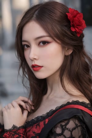 (ultra realistic,best quality),photorealistic,Extremely Realistic, in depth, cinematic light,hubggirl,

1girl, professional photoshot, red and black gothic clothing, beautiful model, very detailed brown hair, incredibly detailed red eyes, elegant and aesthetic pose, very detailed outfit, 