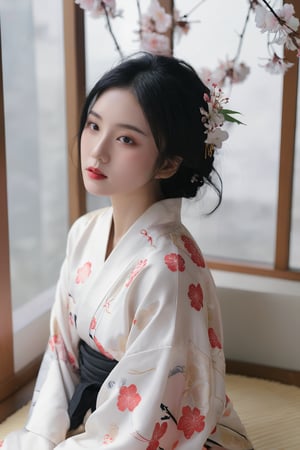 26yo hubggirl, wearing kimono, Sakura Theme,

eyeshadow, long eyelashes, (messy hair:0.6), long black hair, 

film photography aesthetic, dynamic composition, skin texture, sharp focus, hard shadows