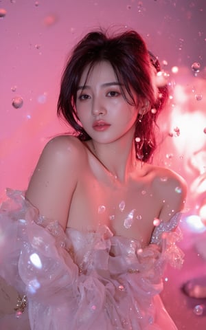 A photorealistic portrait of the stunning Huggirl, a South Korean K-pop sensation, captures her fearless intensity from head to toe. Her gaze pierces through the frame, her bright, big, and vivid eyes sparkling like diamonds against the soft pink gradient background, where water droplets refract subtle hues of pink and purple. Luxurious attire wraps around her upper body, shimmering with intricate details that seem to dance across her skin. Tiny ink drops suspended in mid-air add an air of mystique, as delicate light particles swirl around her, infusing the atmosphere with a sense of wonder.