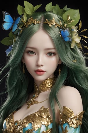 splash art, digital painting, alcohol ink painting, luminism, golden lines, BjD doll face, porcelain skin, baroque, long swirling green hair, lavish green leaves, falling blue flowers, celestial lighting, butterflies, tree branches, sky, golden glowing, water drops,

best quality, masterpiece, high res, absurd res,
perfect lighting, vibrant colors, intricate details,
high detailed skin, pale skin,
,HUBGGIRL, HUBG_Mecha_Armor