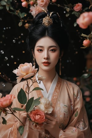 A majestic ancient oriental beauty poses amidst a serene palace setting. The subject's delicate face with exquisite facial features and makeup is framed by a stunning bun, adorned in gorgeous clothes and accessories that exude fairy-like elegance. Peonies and delicate brushwork create a whimsical atmosphere, while water ripples and dark magic hints at mystique. Rotating airflow and advanced light techniques enhance the subject's self-illumination, set against a museum-quality black background with luminous particles. The composition is masterfully balanced, featuring high-definition details, strong contrast, and a sense of story.