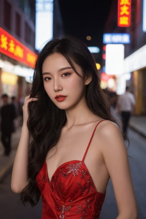 (ultra realistic,best quality),photorealistic,Extremely Realistic,in depth,cinematic light,hubggirl, 

BREAK

Alluring young Chinese woman, with sultry eyes and long wavy black hair, wearing a provocative red dress that hugs her curves. She is standing under the neon lights of a bustling city street at night, exuding confidence and allure. The scene captures the seductive atmosphere of the nightlife, with vibrant lights reflecting off her dress and the pavement, enhancing the intensity of her gaze and the shadows playing across her features.

BREAK

dynamic poses, particle effects, perfect hands, perfect lighting, vibrant colors, intricate details, high detailed skin, intricate background, realistic, raw, analog, taken by Sony Alpha 7R IV, Zeiss Otus 85mm F1.4, ISO 100 Shutter Speed 1/400, Vivid picture, More Reasonable Details