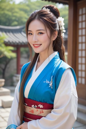 Masterpiece, beautiful details, perfect focus, uniform 8K wallpaper, high resolution, exquisite texture in every detail,((background Blur: 2))), mature woman,Half up and half pony hairstyle, blue eyes, clear and shining deep eyes, smile, happiness, open mouth, hanfu, fluff, outdoor,full body , masterpiece, top quality, 
