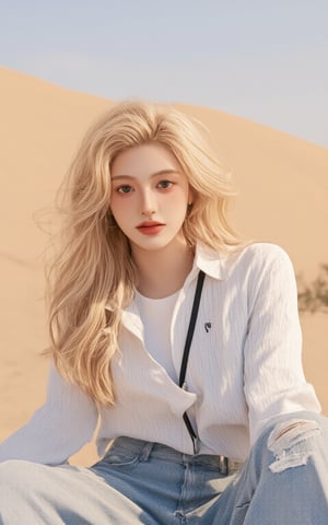 A stunning blonde fashion model, her very long curly hair cascading down her back, sits majestically in a vast desert landscape. She wears a crisp checked shirt and distressed blue jeans, accented by a delicate necklace, elegant earrings, and trendy sunglasses. The golden sunlight casts a warm glow on her porcelain skin as she gazes directly at the camera, her sharp-focused eyes radiating confidence and poise. In the background, the endless dunes of sand stretch out in perfect harmony with the model's dynamic pose, creating a visually stunning cowboy-inspired shot.