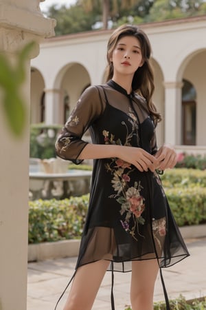 A beautiful Taiwanese model, wearing a dark, translucent gauze embroidered short cheongsam in a European palace garden, with fair skin, wavy curly hair, full-body shot, contour light, light and shadow reflection, high image quality, high resolution, high detail,
