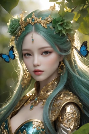 splash art, digital painting, alcohol ink painting, luminism, golden lines, BjD doll face, porcelain skin, baroque, long swirling green hair, lavish green leaves, falling blue flowers, celestial lighting, butterflies, tree branches, sky, golden glowing, water drops,

best quality, masterpiece, high res, absurd res,
perfect lighting, vibrant colors, intricate details,
high detailed skin, pale skin,
,HUBGGIRL, HUBG_Mecha_Armor