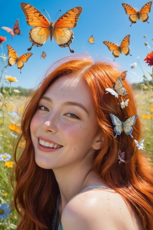butterfly\(hubggirl)\,Imagine a joyful portrait of a woman with freckles and fiery red hair. Let her laugh as she interacts playfully with butterflies fluttering around her in a sun-dappled meadow. Depict the joy and wonder on her face, and the vibrant colors of the flowers and butterflies